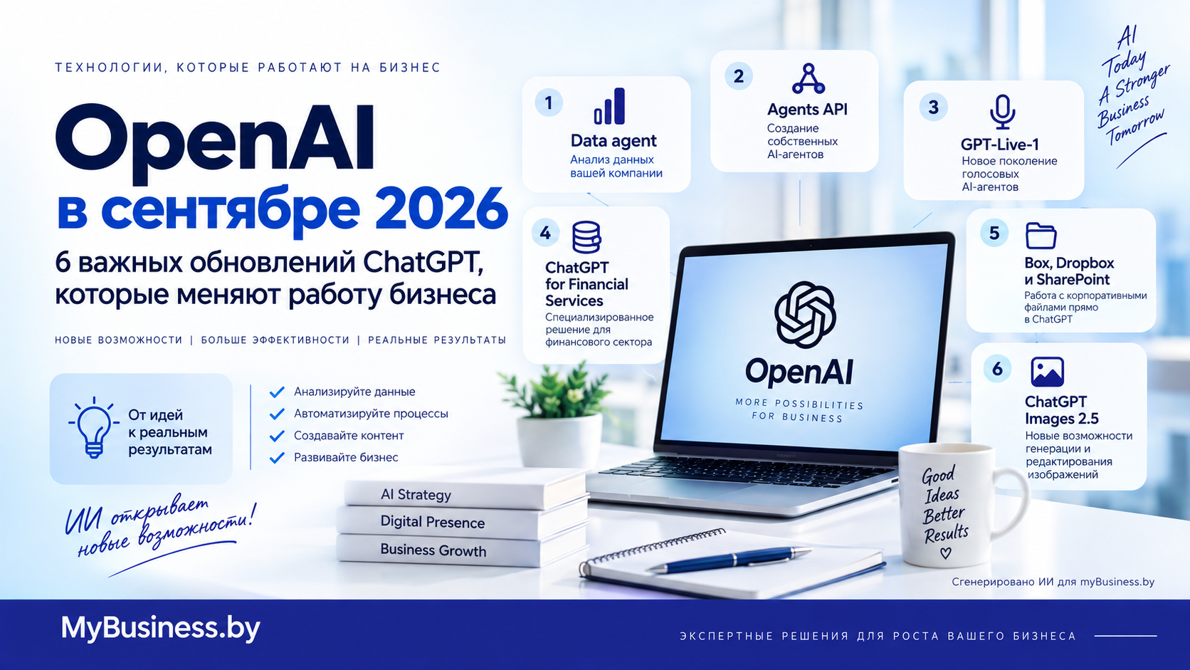 Главная инфографика MyBusiness.by о ключевых обновлениях OpenAI в сентябре 2026 года: Data agent, Agents API, GPT-Live-1, ChatGPT for Financial Services, работа с корпоративными файлами и ChatGPT Images 2.5.