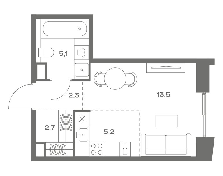 Планировка студии 28,8 м² в ЖК Soul: корпус 8, секция 11, 11-й этаж