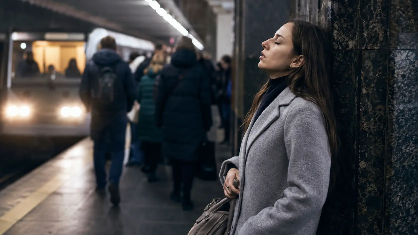 Женщина на перроне метро держится за грудь и останавливается среди движения людей.