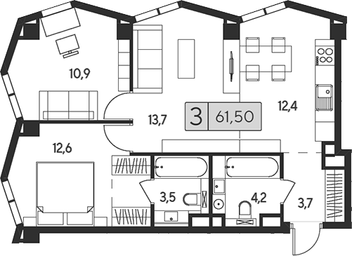 3-комн 61,50 м²