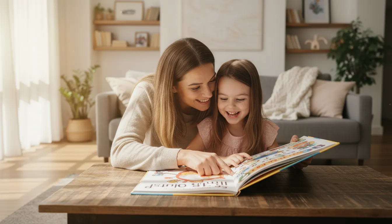 Mother and daughter reading book together with genuine smiles showing quality offline time and authentic parent-child connection.