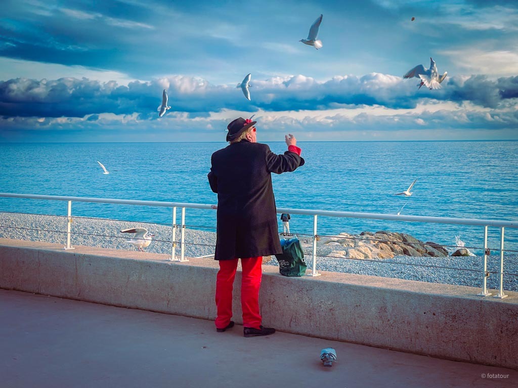 A man feeds seagulls on the Promenade des Anglais in Nice by the Mediterranean Sea