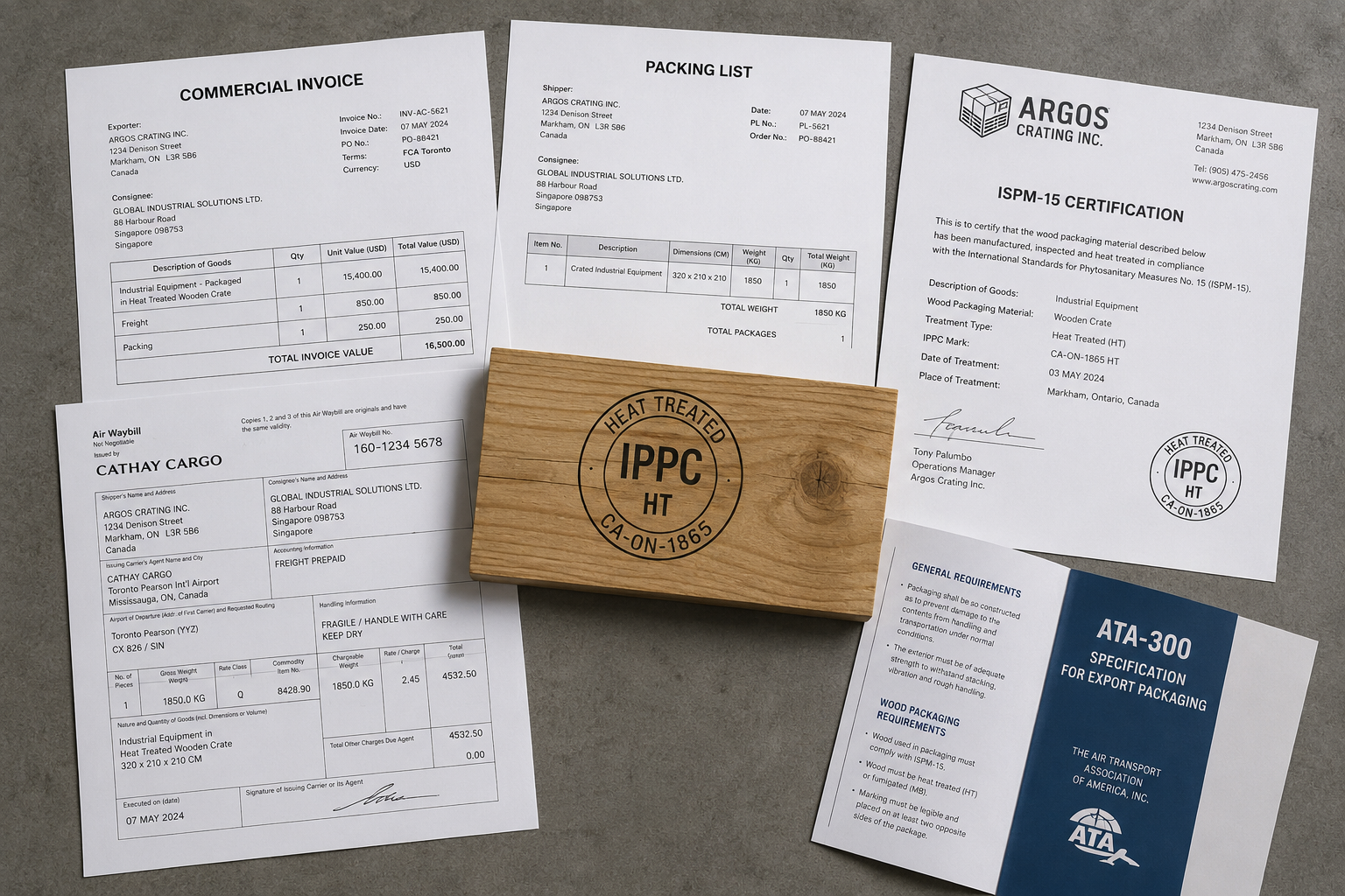 ISPM-15 certification letter, ATA-300 documentation, and commercial invoice laid beside IPPC-stamped lumber — what travels with an aircraft parts export crate from Ontario