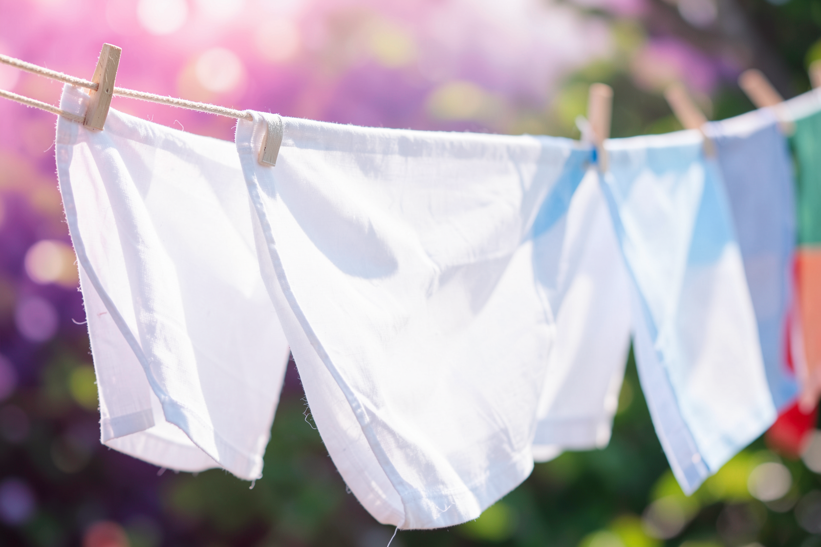 White linen drying on a clothesline outdoors in soft sunlight, airy folds moving in breeze, no detergents or packaging visible