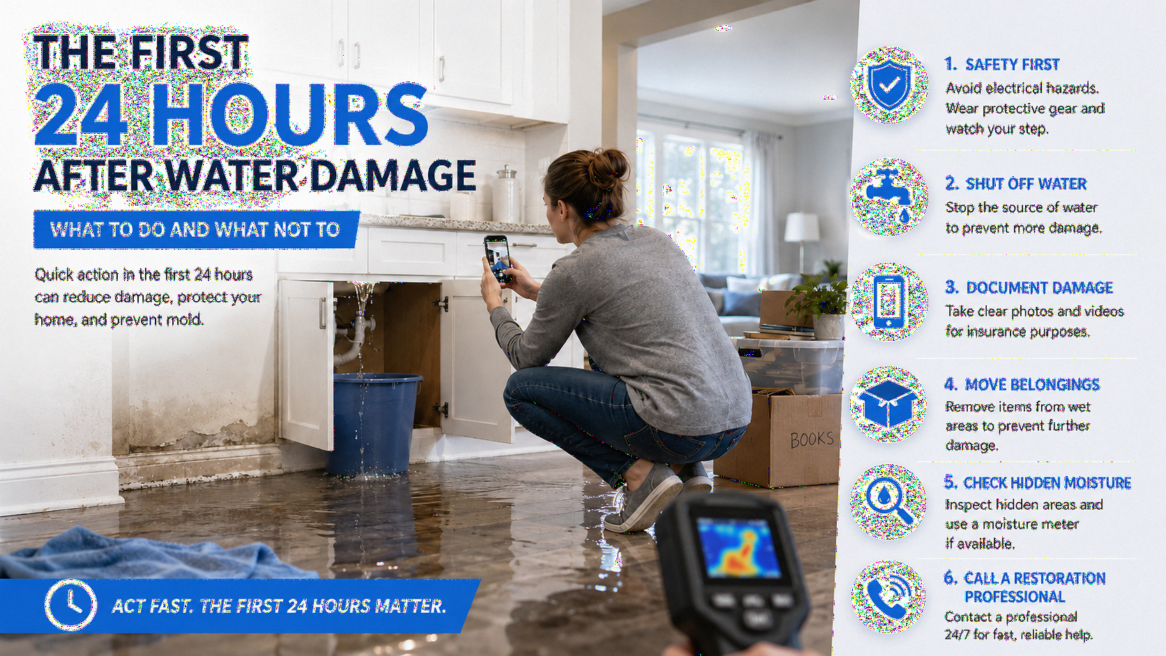 First 24 hours after water damage infographic showing a kitchen leak standing water homeowner documenting damage water shutoff moving belongings hidden moisture check and calling a restoration professional