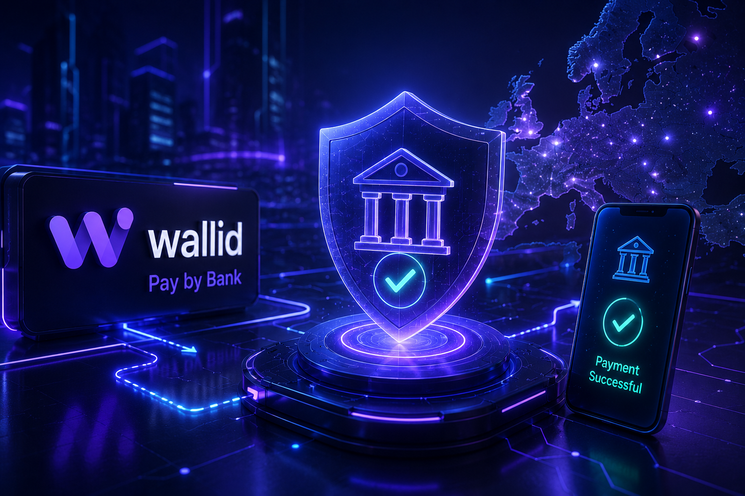 Futuristic Pay by Bank payment infrastructure showing secure account-to-account payments, digital banking authentication, and chargeback reduction technology for high-risk ecommerce merchants across the UK and Europe.