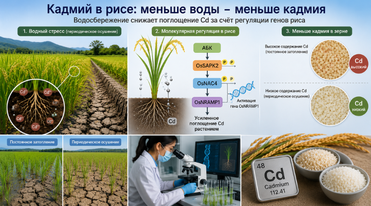 Научная иллюстрация о накоплении кадмия в рисе при водосберегающем орошении: рисовые поля корни растения с поглощением кадмия из почвы лабораторное исследование и схема молекулярных механизмов влияющих на содержание тяжёлого металла в зерне.