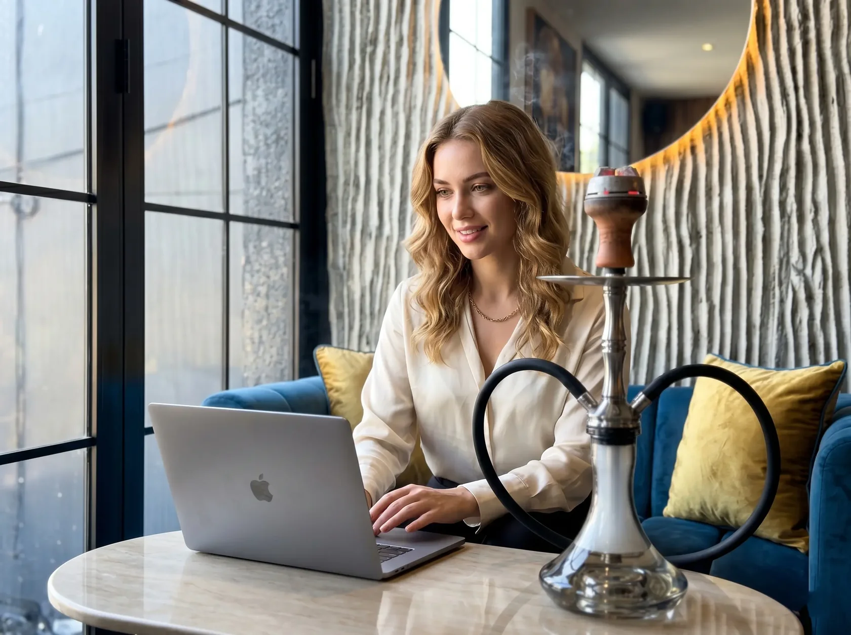 A smiling female professional finishing her workday comfortably on a plush blue sofa at our Uluwatu venue, the best coworking space in Bali.