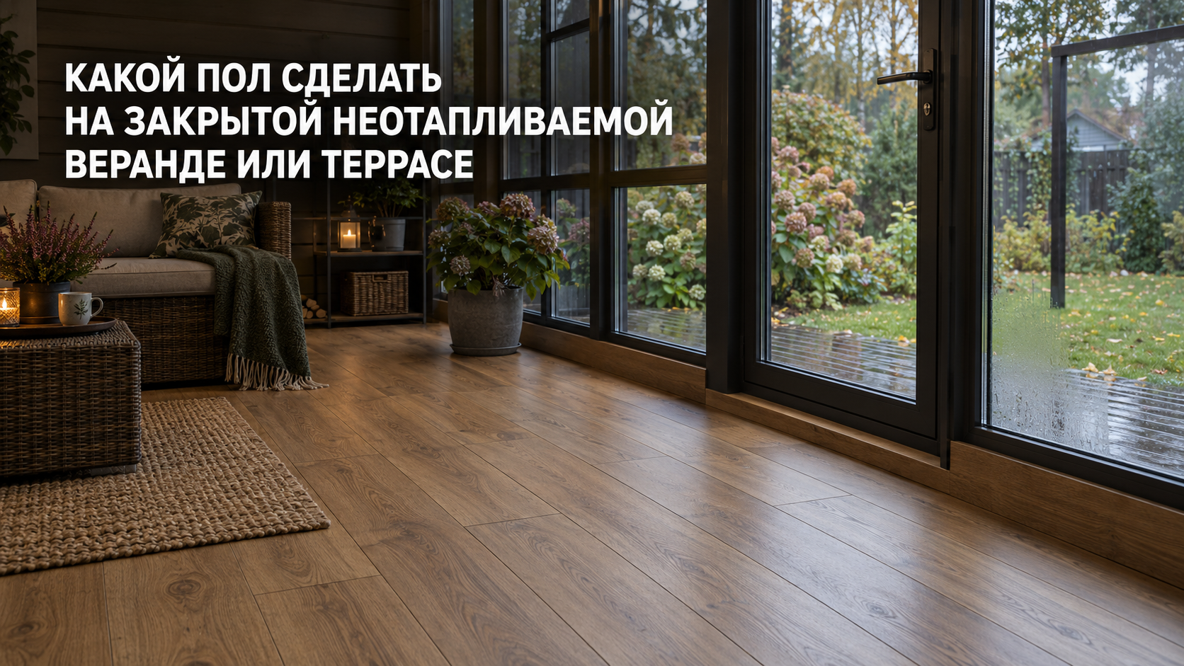 Закрытая неотапливаемая веранда загородного дома с панорамным остеклением и влагостойким напольным покрытием под дерево.