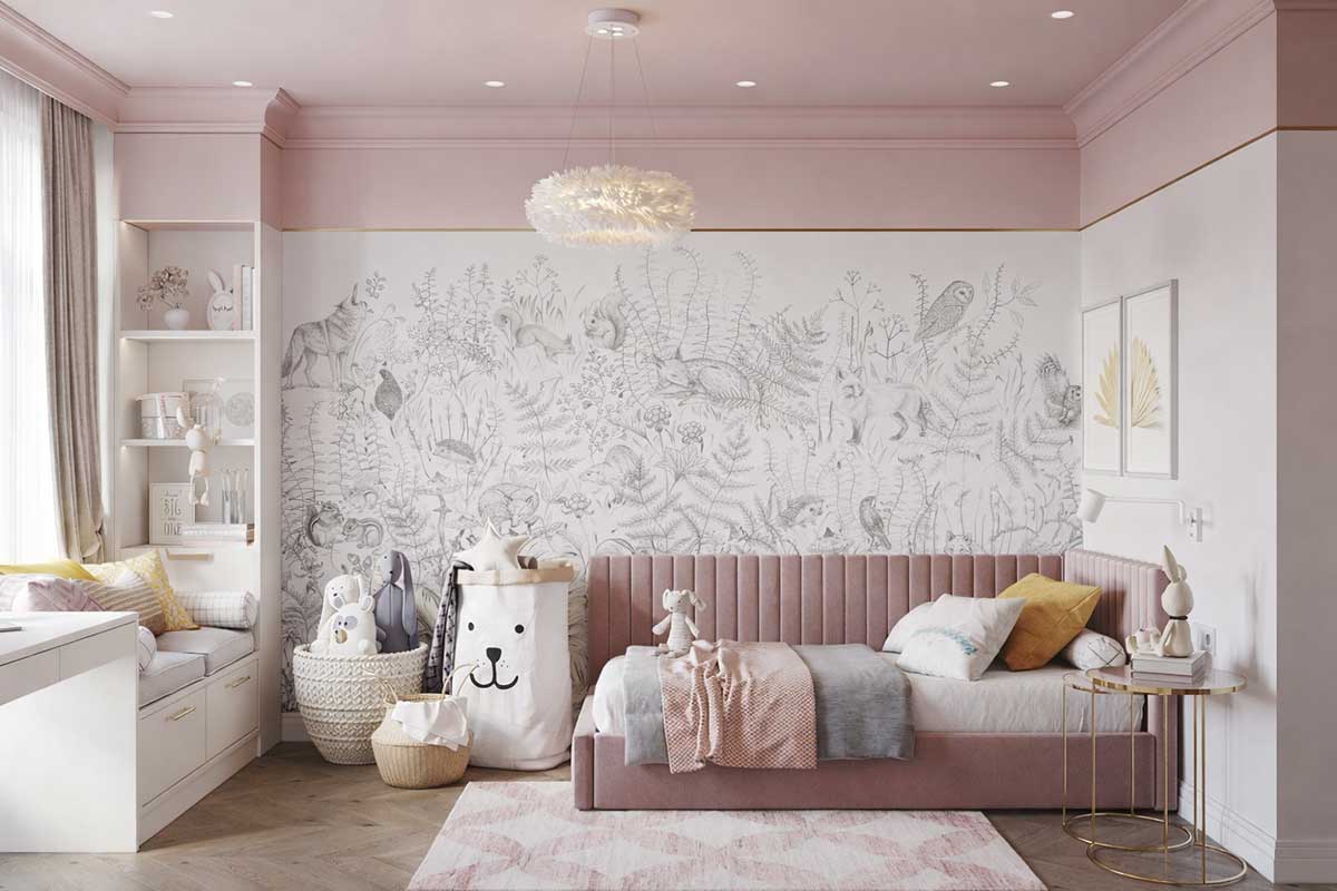 Фотообои «Лесные истории» в сером цвете с лесными животными в детской спальне