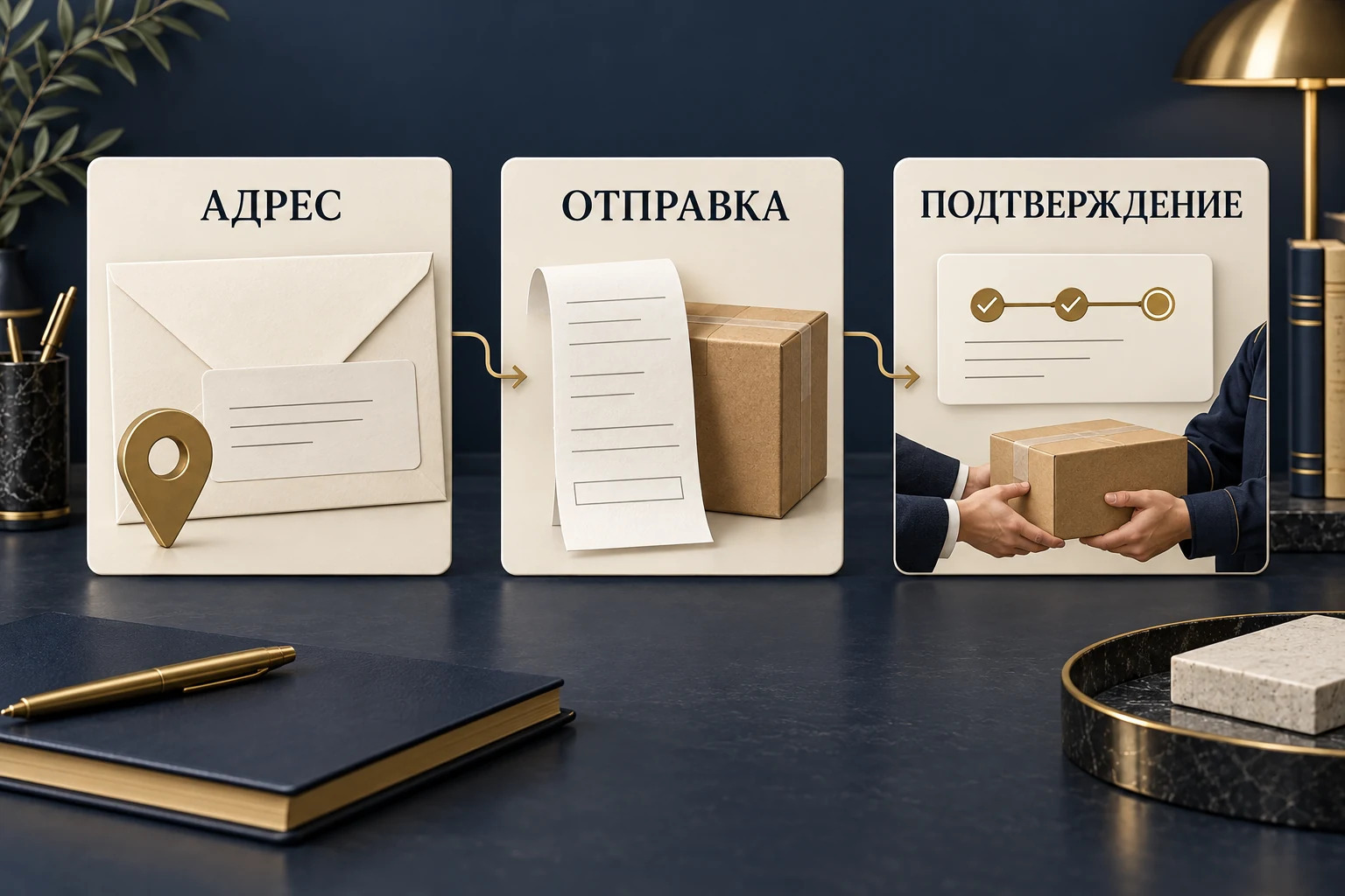 Концептуальные элементы подтверждения отправки: адрес, отправление и документы о доставке