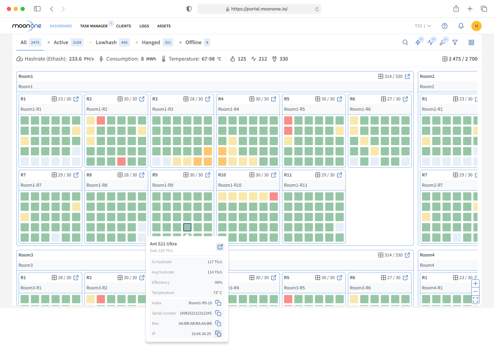 MoonOne ASIC miner monitoring software dashboard for remote mining management