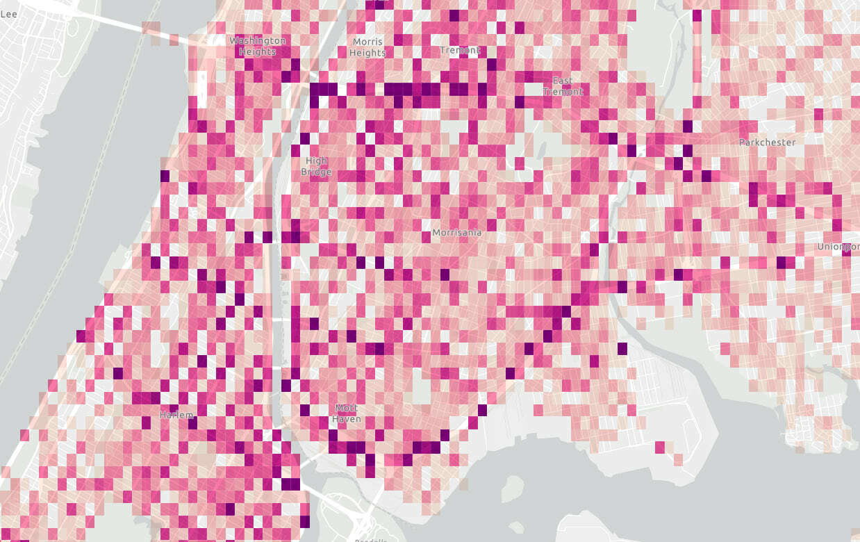 The density of motor vehicle crashes in Bronx, New York City (2020) visualized with binning.