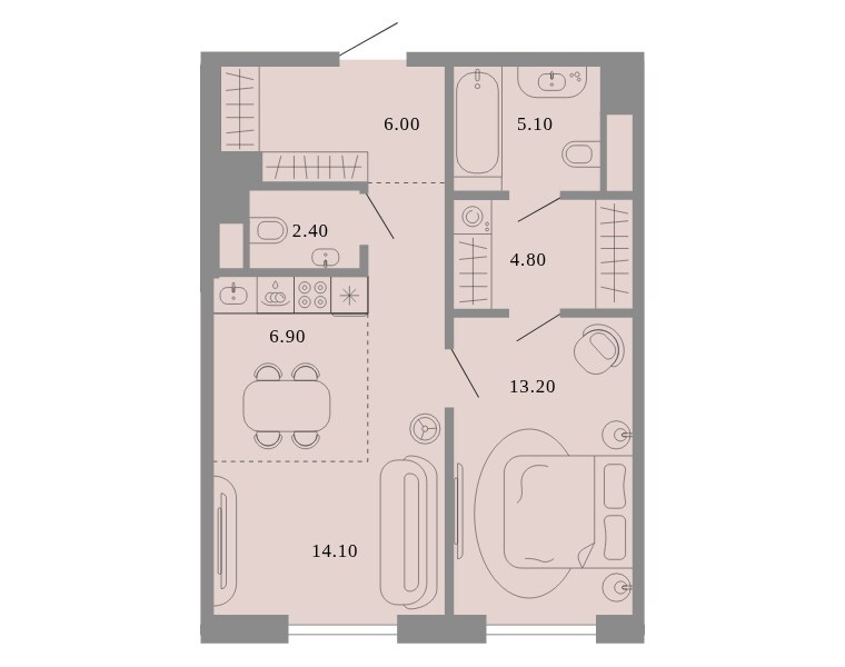 Планировка: квартира с 1 спальней 52,5 м² в ЖК «Тессинский, V», дом Aurora, 2-й этаж