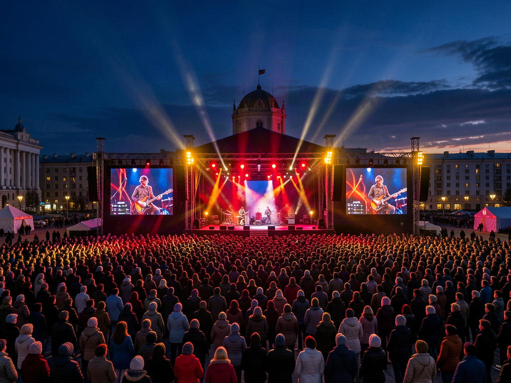 Youth day outdoor festival in Noyabrsk park with lively stage lighting, large video screens, young Russian audience celebrating and clapping, energetic summer atmosphere, 40% midnight blue, 35% vibrant red, 25% amber lights