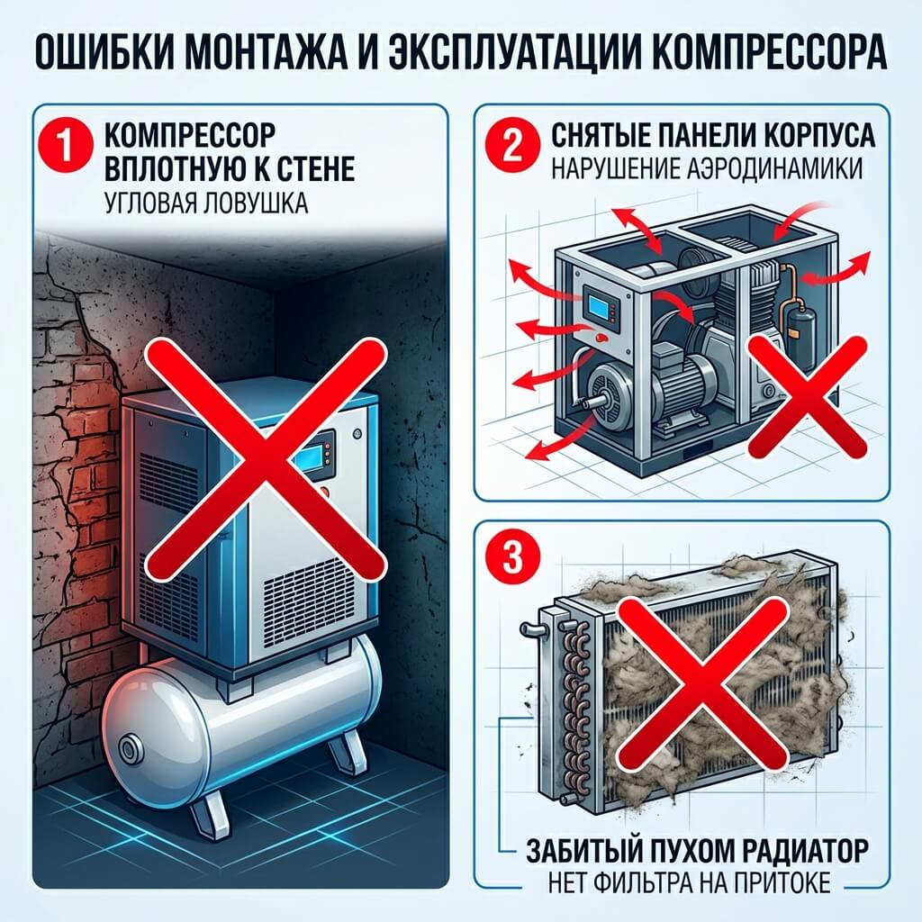 Типичные ошибки монтажа компрессора: установка вплотную к стене, снятие панелей, забитый радиатор