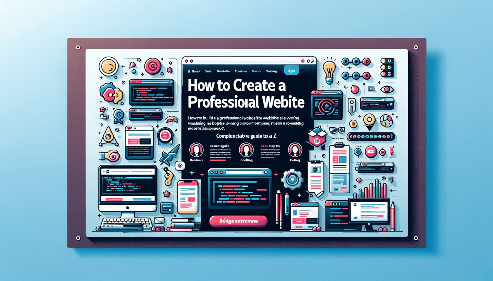 A banner for an article about building professional websites on Tilda. The design should be sleek and modern, incorporating elements of web development and design. Include icons or illustrations representing website creation, coding, and SEO optimization. The banner should be visually appealing and convey a sense of creativity and professionalism in web design. The text 'How to Create a Professional Website on Tilda: A Comprehensive Guide from A to Z' should be prominently displayed. The color scheme should be harmonious and aligned with a tech-oriented, professional look.