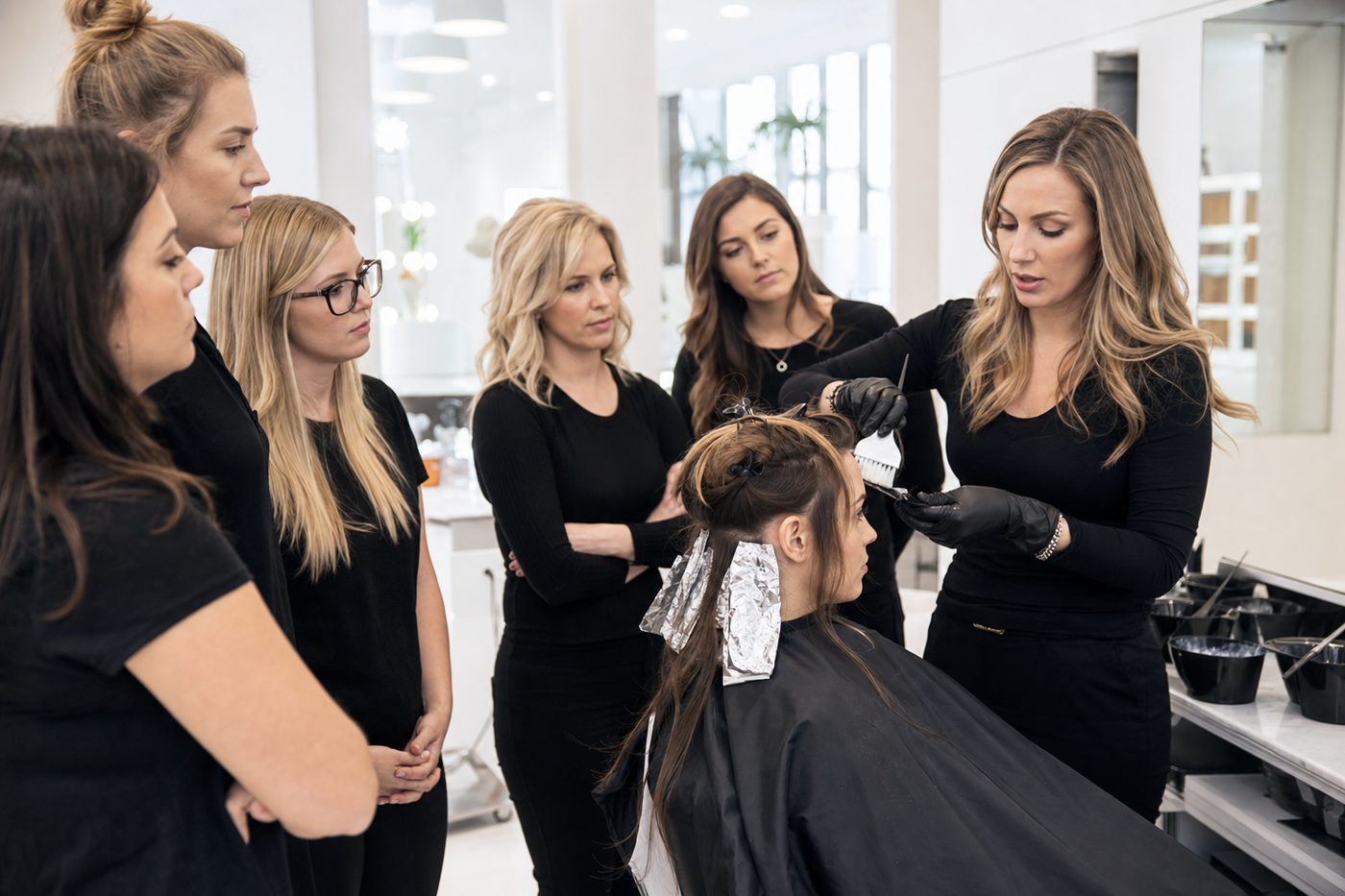 Технолог SAVE YOUR HAIR проводит мастер-класс для группы мастеров