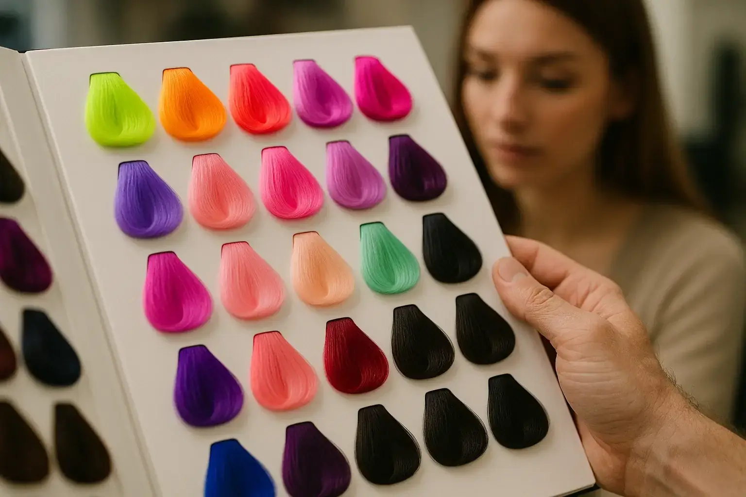 Каталог с палитрой красок для волос: неоновые, пастельные и тёмные оттенки