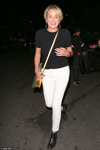 Hollywood actress Sharon Stone, who also has the inverted triangle body shape, wearing a fitted T-shirt from soft fabric