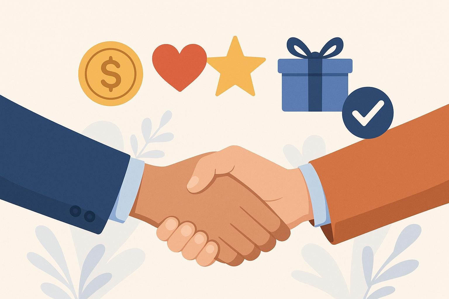 Иллюстрация концепции продающего оффера: рукопожатие между клиентом и продавцом на фоне символов выгодного предложения