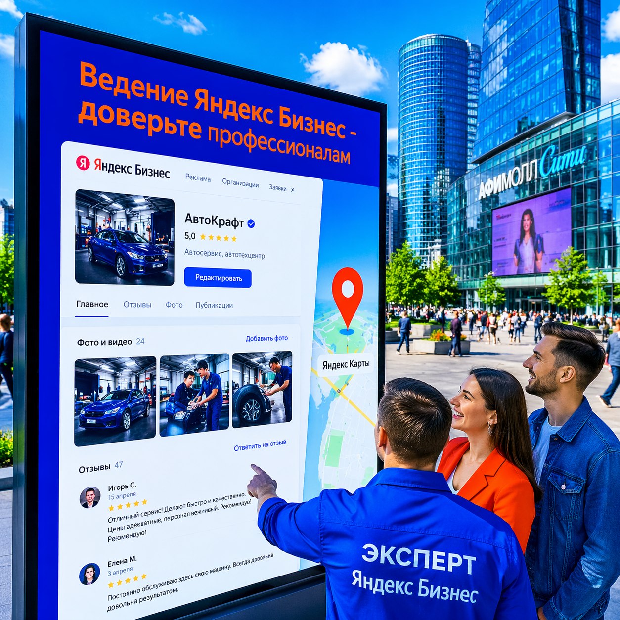 Интерактивный билборд на городской площади с рекламой услуги Ведение Яндекс Бизнес и логотипом Яндекс Карт