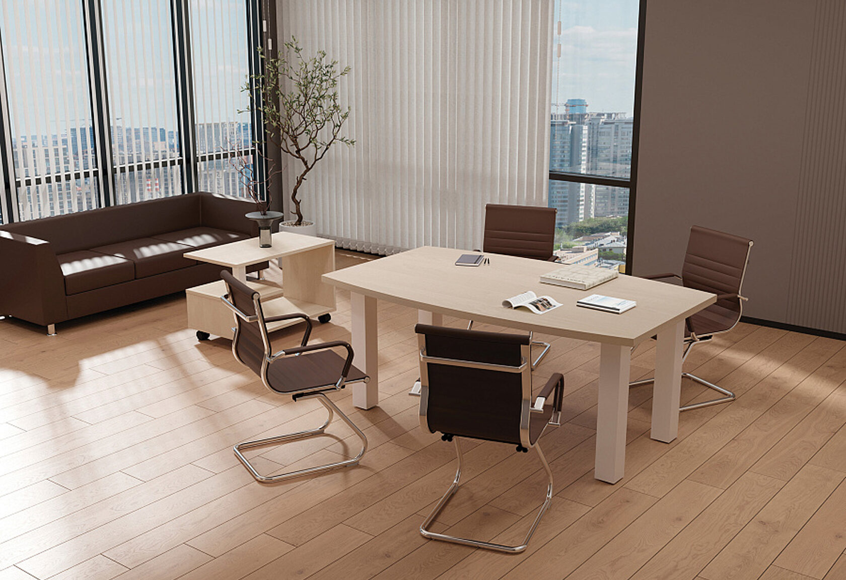 Светлый кабинет руководителя. Коричневый стулья из эко-кожи