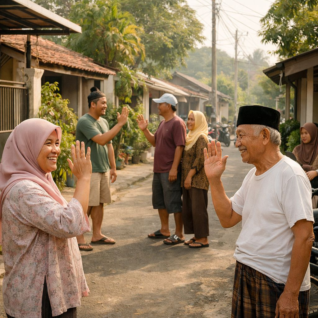 Warga menyapa tetangga di lingkungan perumahan Indonesia sebagai contoh etika bertetangga yang sopan dan ramah