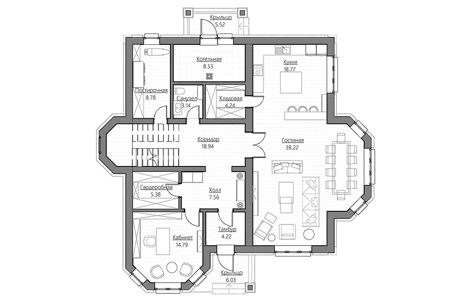 Планировка дома с двумя спальнями на первом этаже