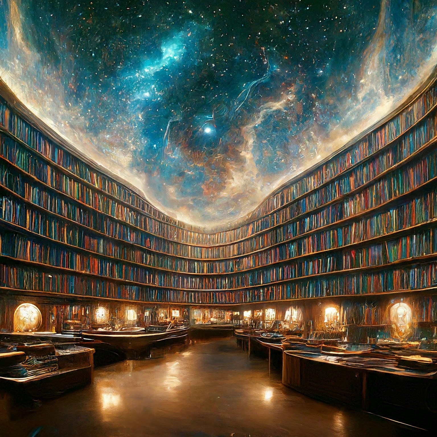 Библиотека, заполненная миллионами редких книг под куполом звездного неба иных галактик