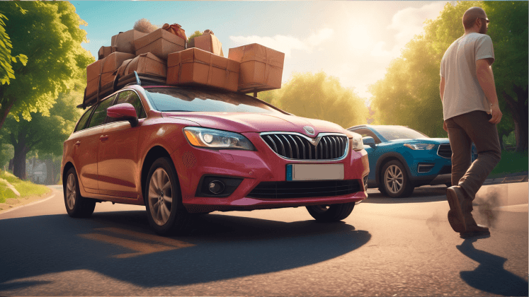 Кинематографическая иллюстрация: мужчина уходит от перегруженного автомобиля, дорожная сцена в движении