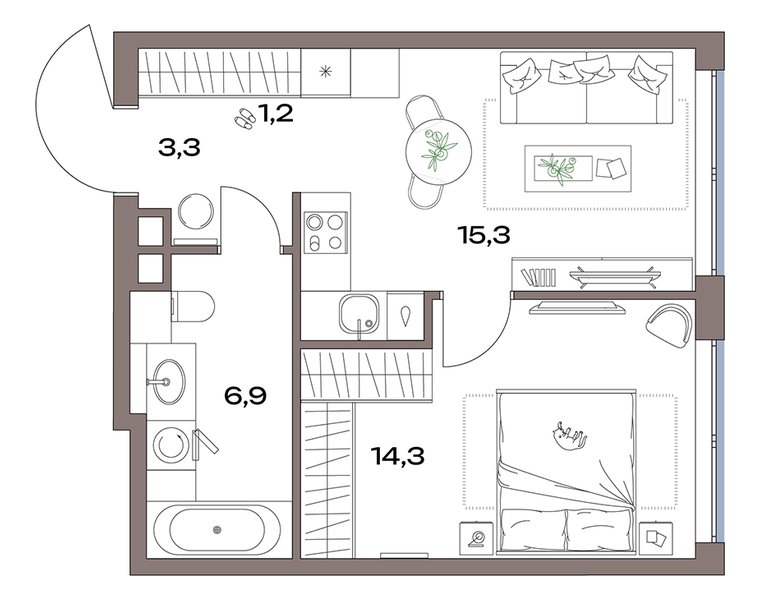 Планировка: 1-комнатная с европланировкой 41,8 м² в ЖК «Акценты», корпус 14, 2-й этаж