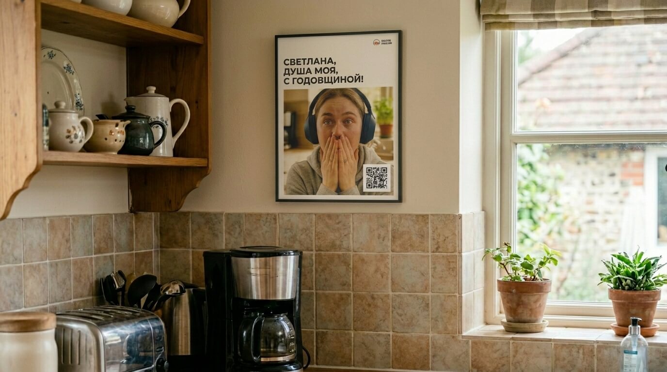 Постер в рамке в кухонном интерьере с фотографией удивленной Светланы. Крупный текст: 'СВЕТЛАНА, ДУША МОЯ, С ГОДОВЩИНОЙ!'. Также виден логотип 'ваша песня' с QR-кодом. Постер стоит на кухонной столешнице рядом с кофеваркой, тостером и комнатными растениями у окна.