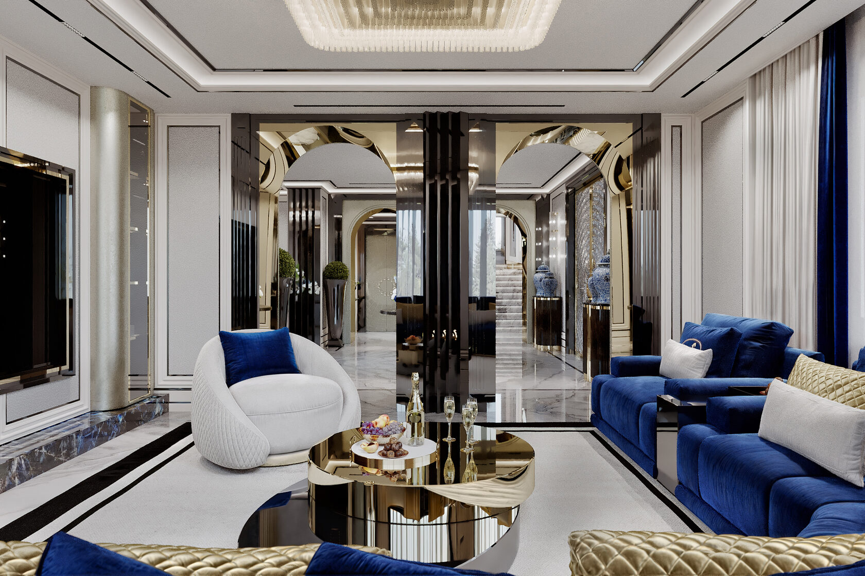 Дизайн интерьера лаунж-зоны в каминной в стиле ар-деко