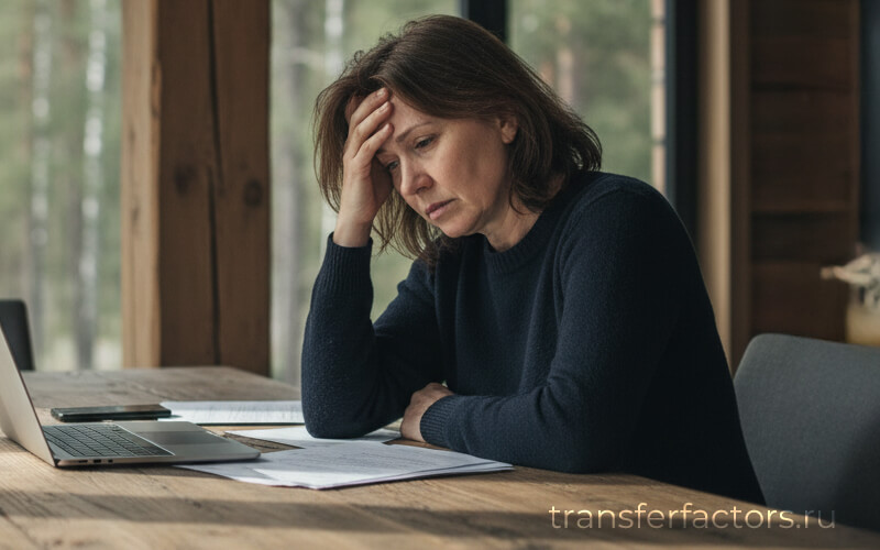 Уставшая женщина за ноутбуком держится за голову — признаки стресса и недосыпа; мягкая поддержка 4Life Transfer Factor Plus для иммунного баланса