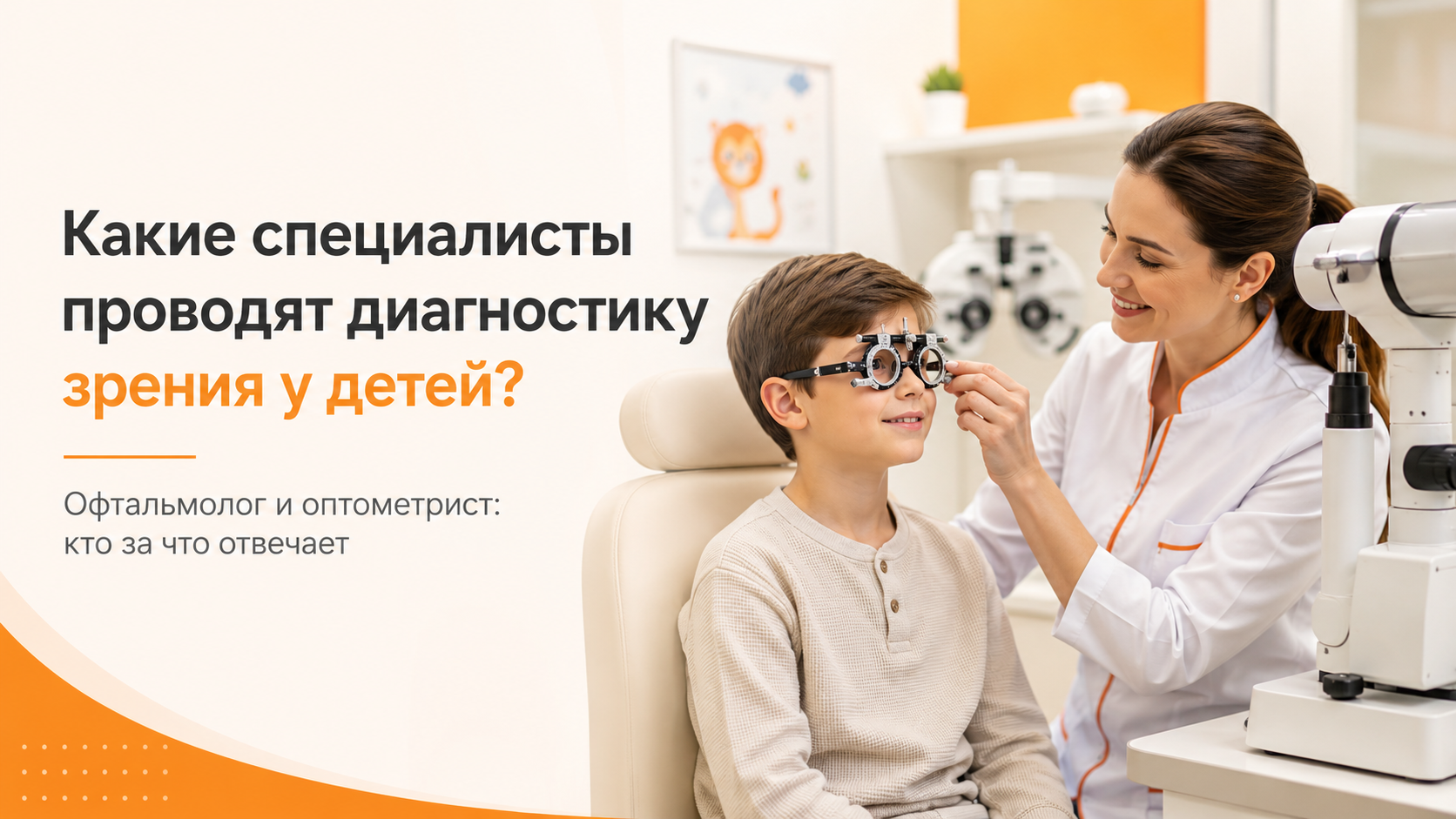 Детский офтальмолог проверяет зрение мальчика с помощью диагностической оправы в кабинете Уфоптики