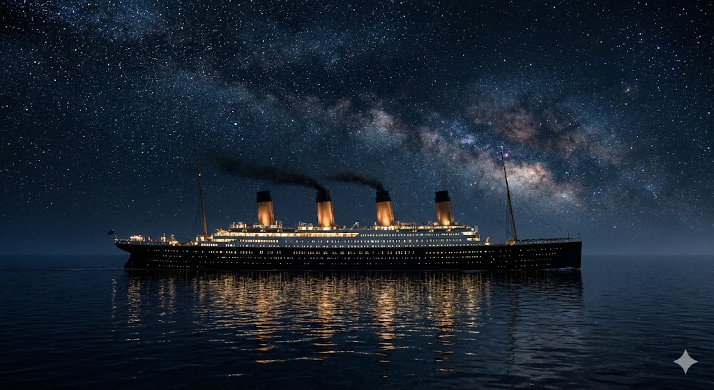 Легендарный лайнер Титаник в водах Атлантического океана ночью перед катастрофой