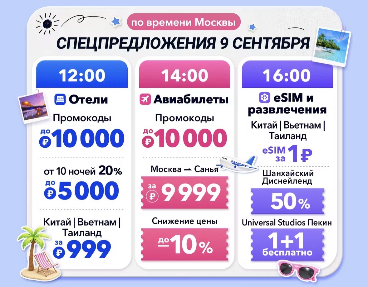 аспродажа Trip.com 09.09.2026 – «Фестиваль скидок»: скидки до 50% на отели, авиабилеты и развлечения + eSIM за 1 рубль