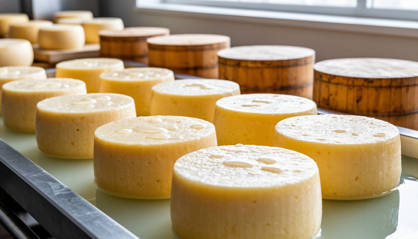 Головки свежего сыра, погружённые в соляной рассол на этапе посолки, на фоне деревянных форм в светлом помещении сыроварни.