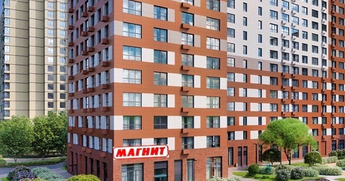 Визуализация корпуса ЖК Новое Медведково с вывеской супермаркета на первом этаже