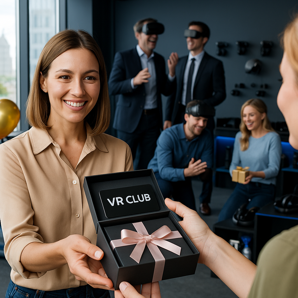 Момент вручения подарочного VR-сертификата на день рождения в торжественной обстановке