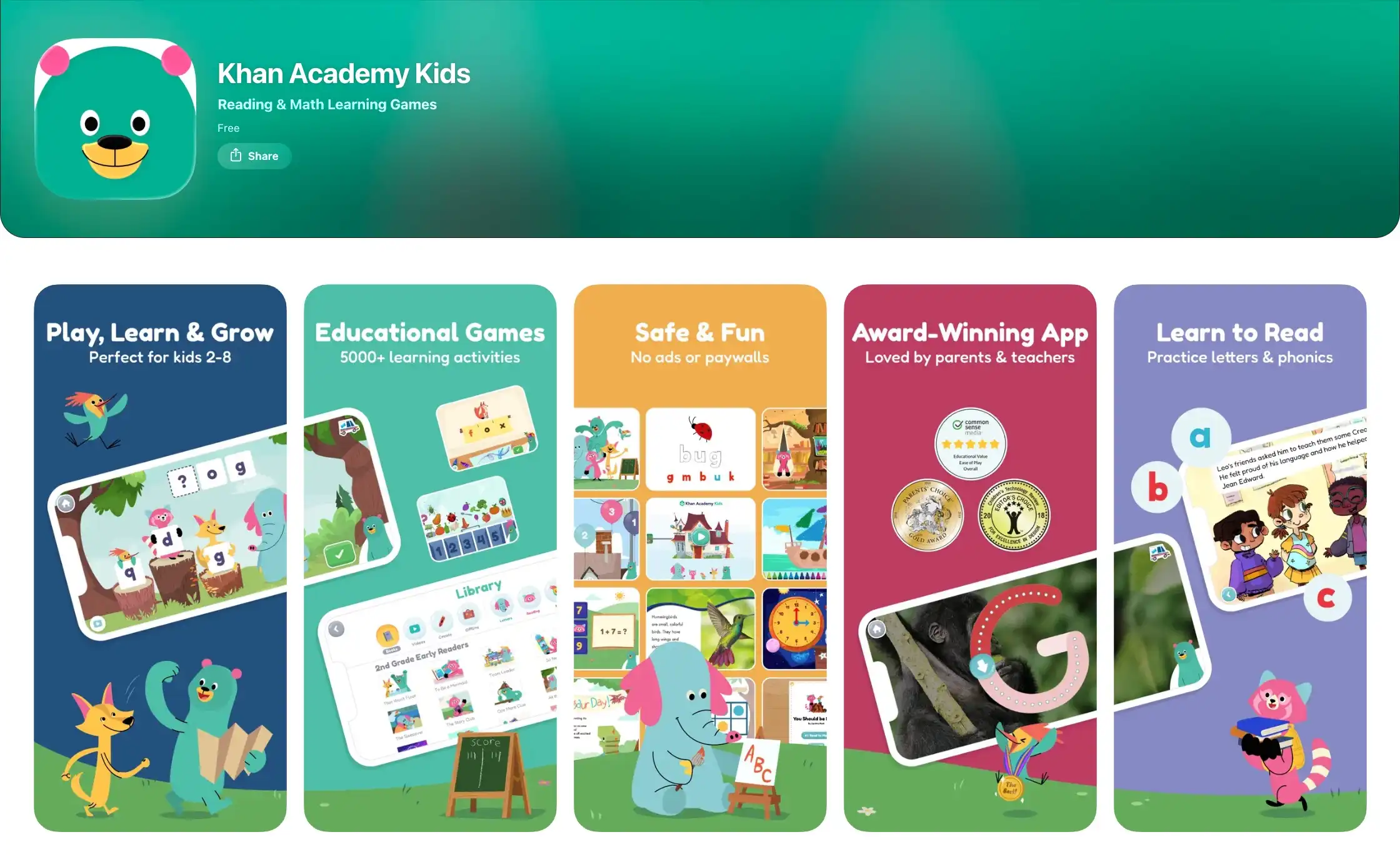Khan Academy Kids early math and reading educational game interface