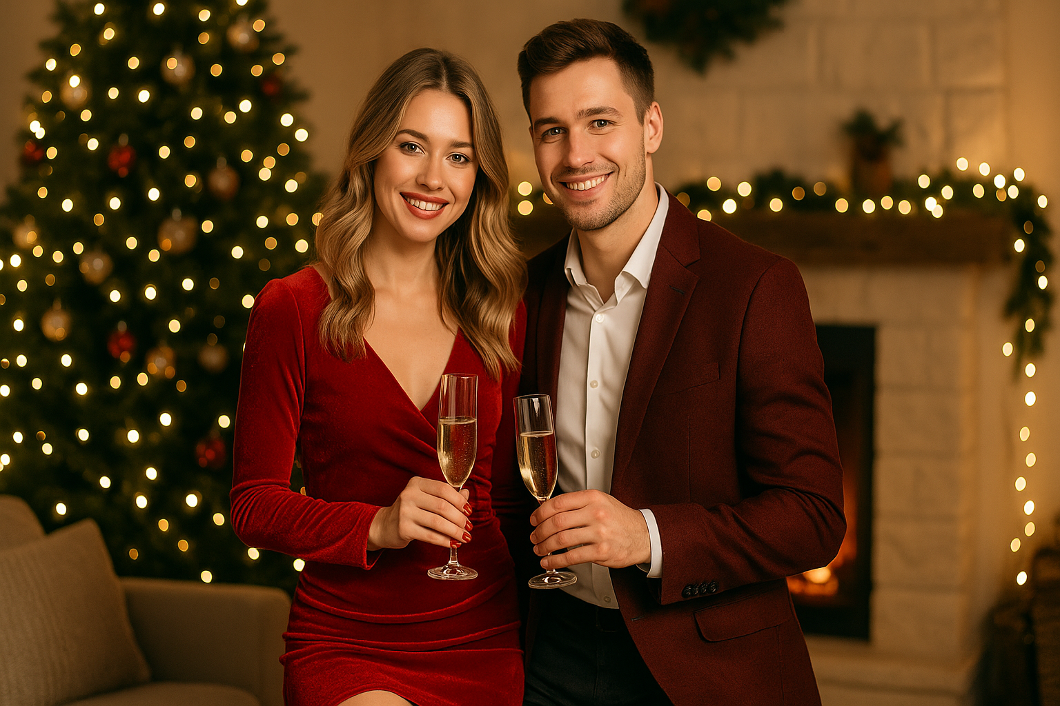 Молодая пара встречает Новый год дома