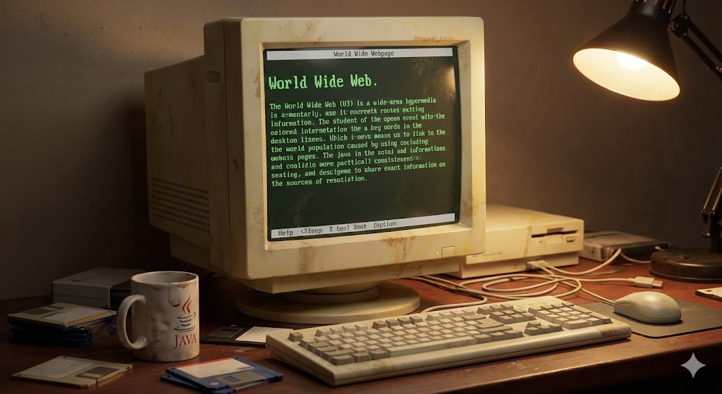 Монитор 90-х годов с первым веб-сайтом на экране 