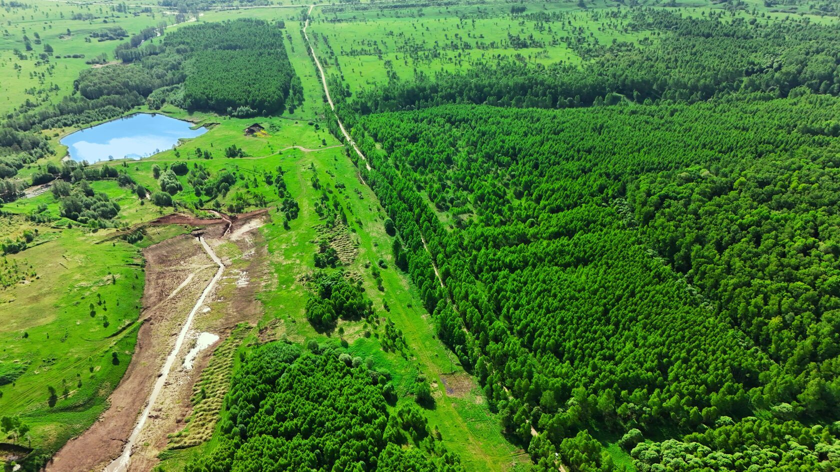 Панорама земельных участков, леса и водоёма