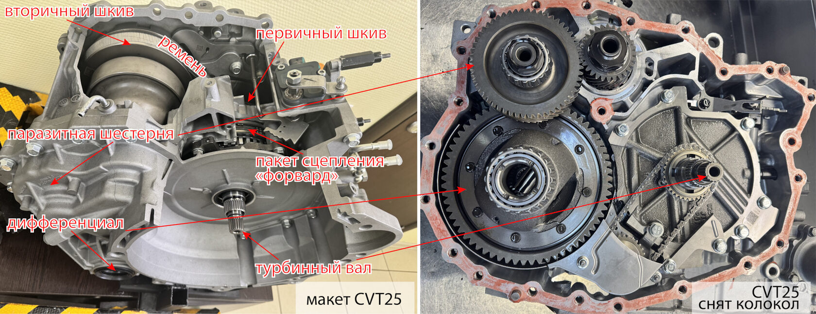 Макет CVT25 и коробка со снятым колоколом: вторичный и первичный шкивы, ремень, пакет сцепления «форвард», паразитная шестерня, дифференциал и турбинный вал