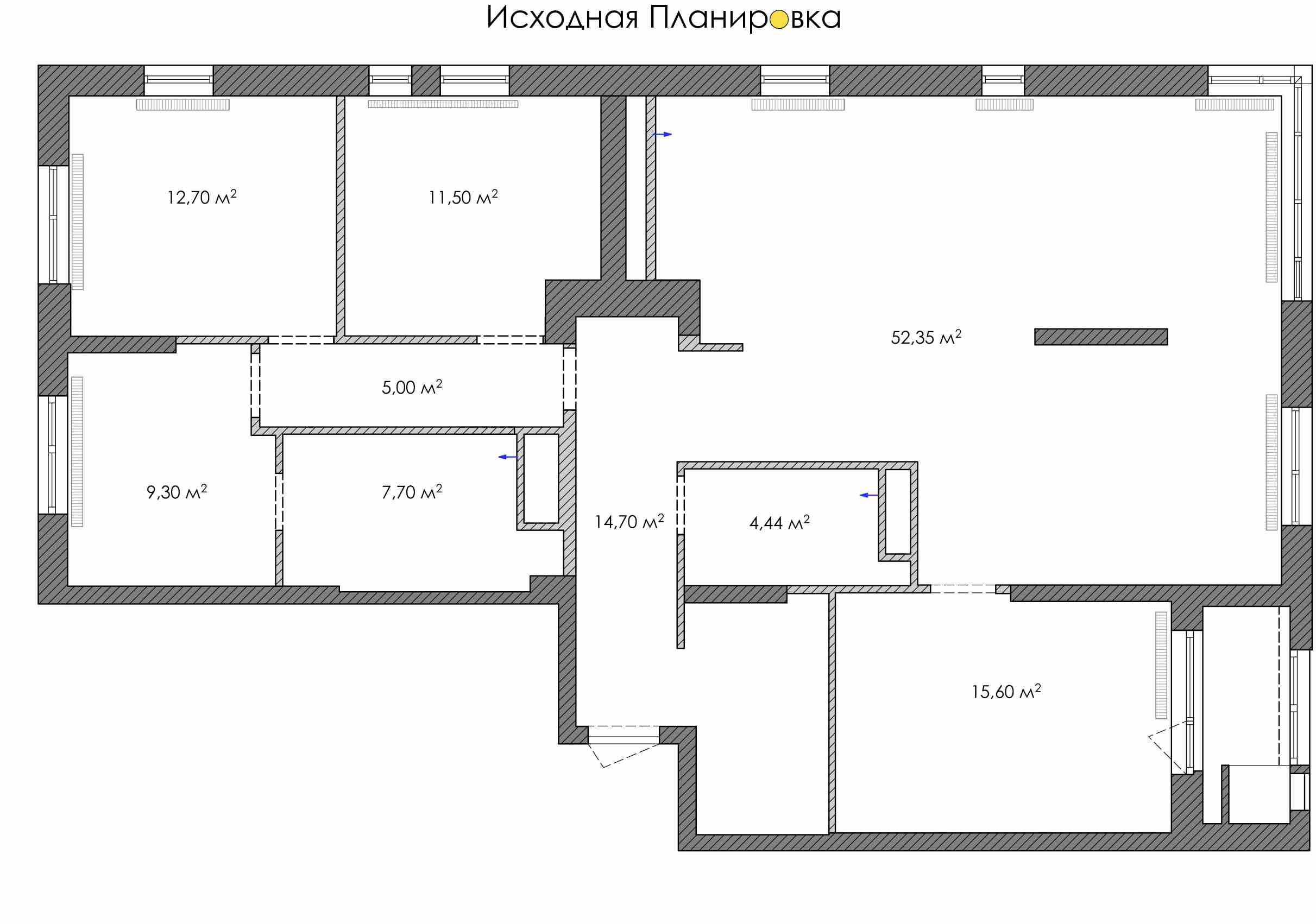 Исходная планировка квартиры 135 м² в ЖК Сердце Сибири