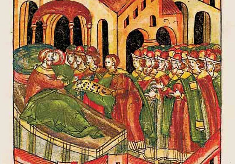 Благоверный великий князь Димитрий Донской целует жену перед смертью. Миниатюра из Лицевого летописного свода. XVI век