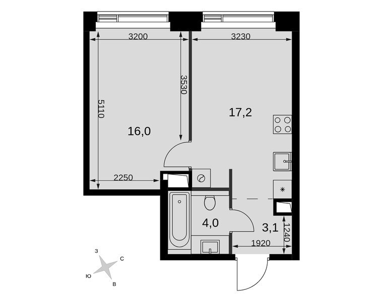 Планировка 1-комнатной квартиры 40,3 м² в ЖК «Амбер Сити»: корпус 6, секция 1, 32-й этаж