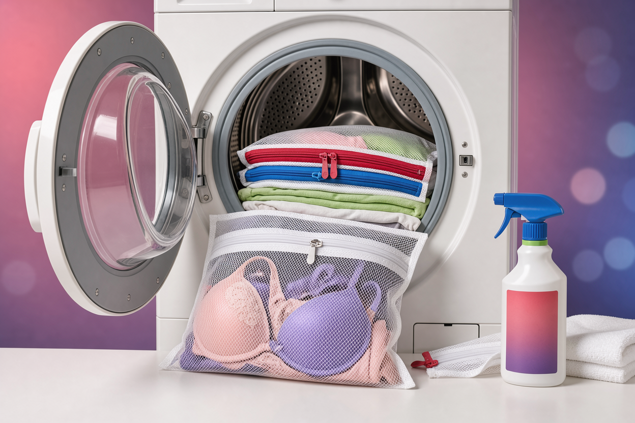 Mesh laundry bags with delicate lingerie and zipped garments being placed into a washing machine drum, stain treatment bottle on the side, no logos